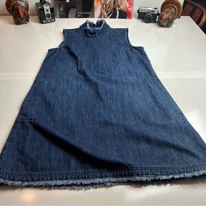 GAP Denim Mini Dress M Mock Ruffle Neck Raw Fringe Hem A-Line 100% Cotton